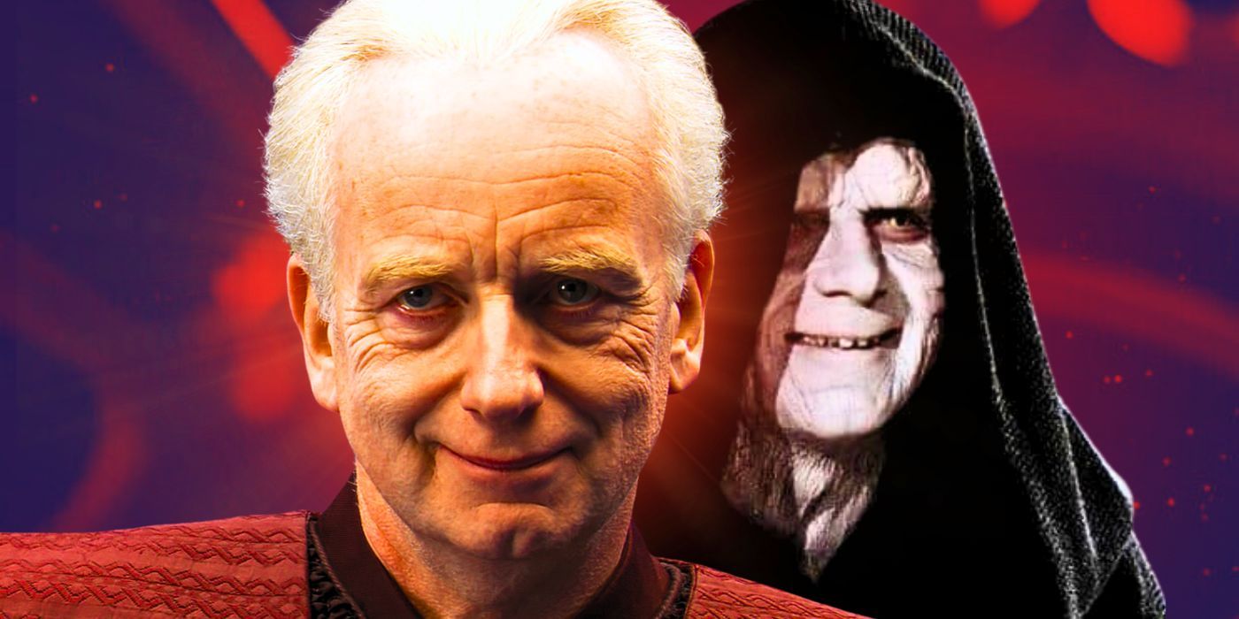 Ian McDiarmid as Chancellor Sheev Palpatine and Darth Sidious in Star Wars set against a red background