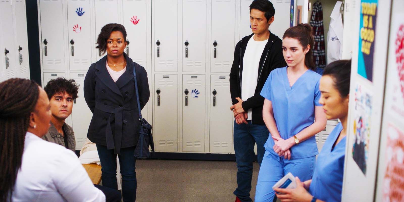 Chandra Wilson as Bailey, Niko Terho as Lucas, Alexis Floyd as Simone, Harry Shum Jr. as Blue, Adelaide Kane as Jules and Midori Francis as Mika in Grey's Anatomy season 20 episode 4