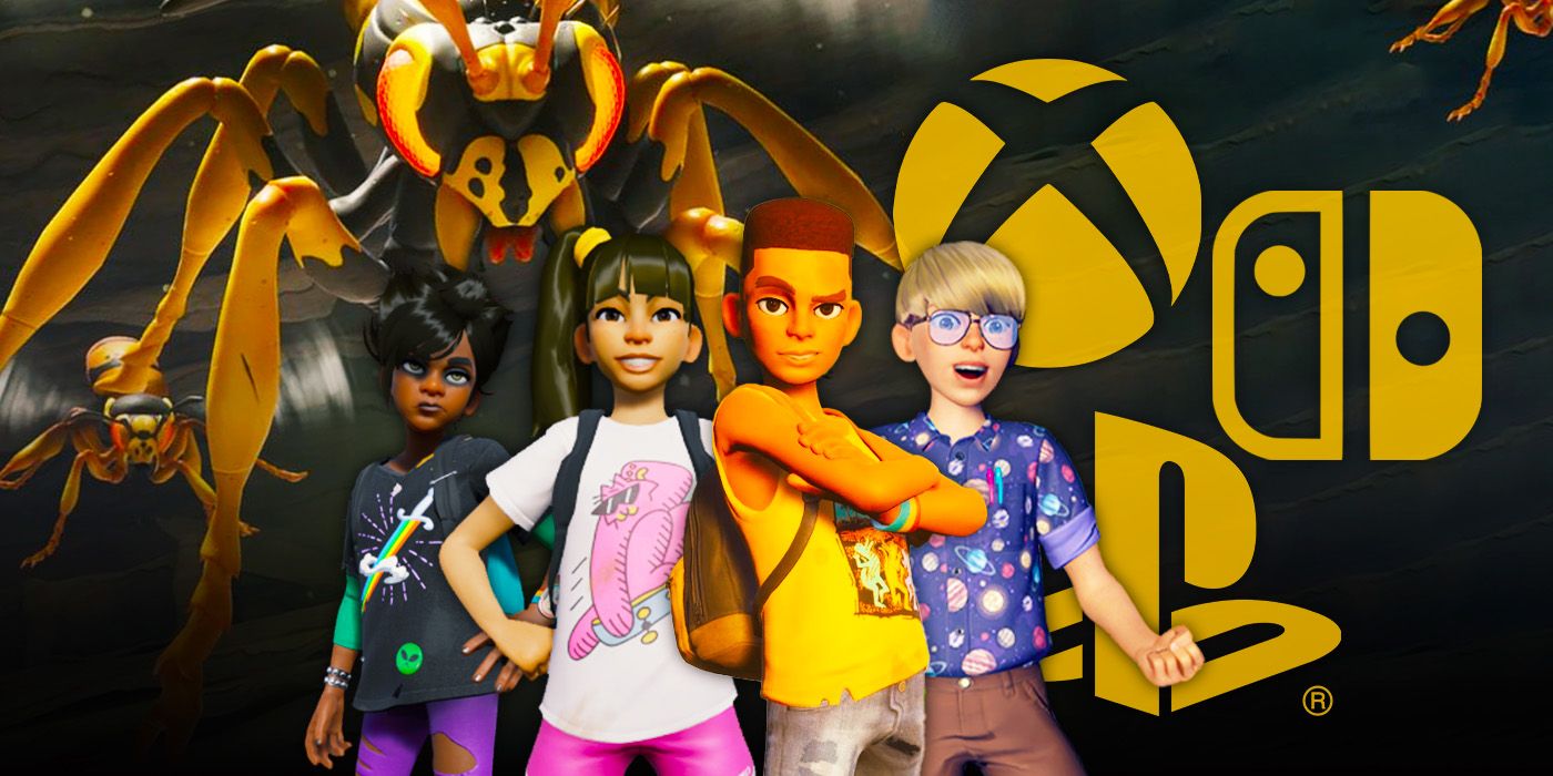Characters and a big bug from the game Grounded, with the Xbox, PlayStation, and Nintendo Switch logos.