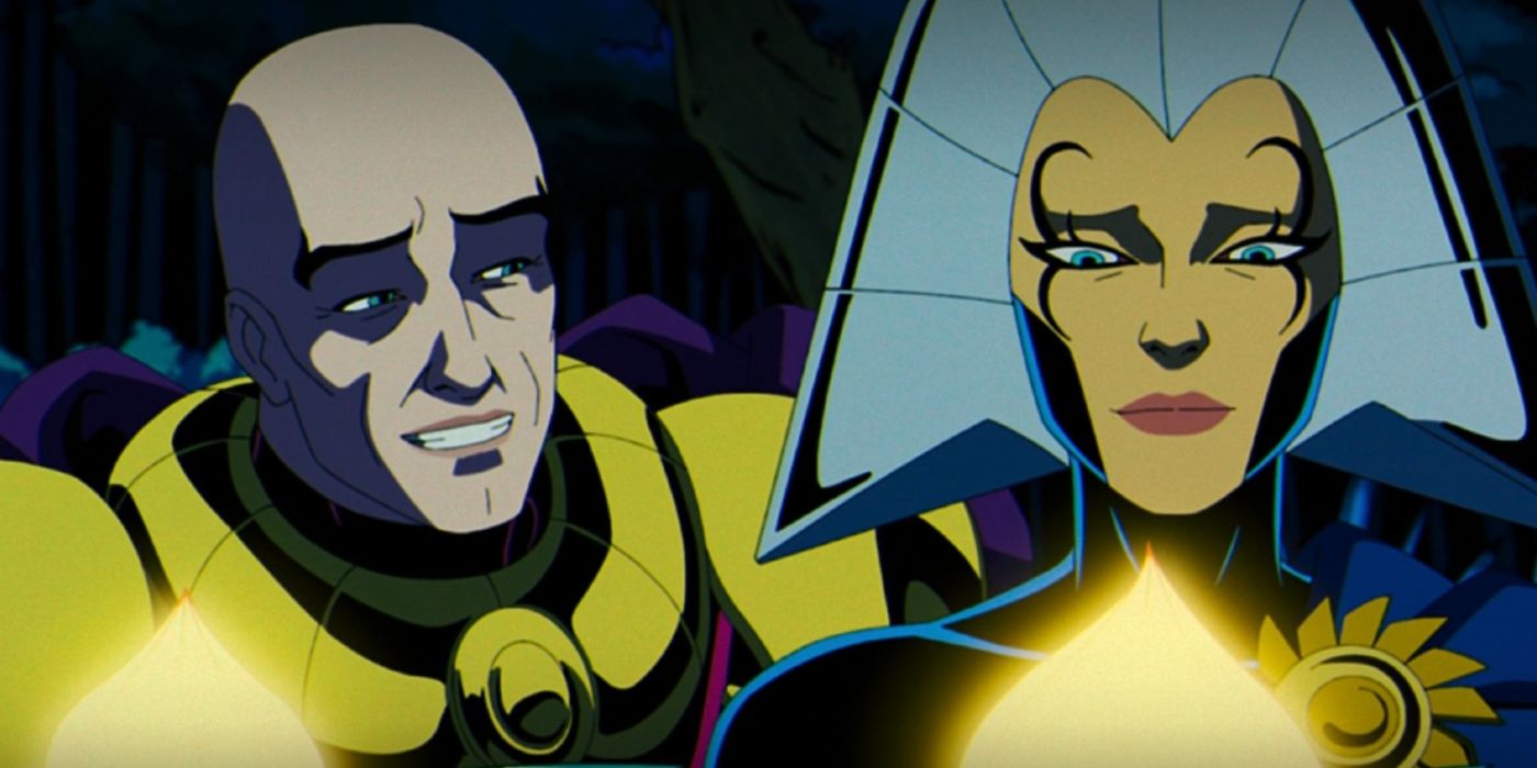 Charles Xavier sorrindo enquanto Lilandra olha para uma flor em X-Men '97