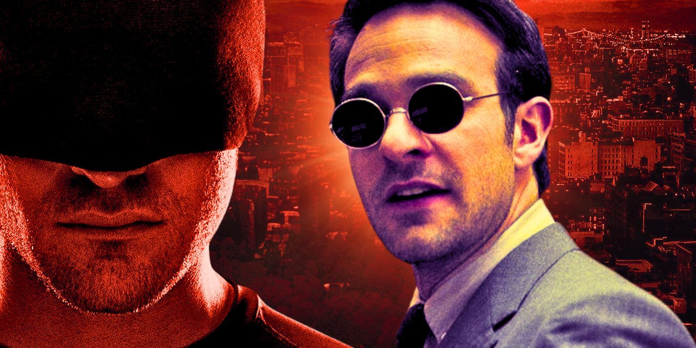 Charlie Cox as Matt Murdock and Daredevil in his black costume