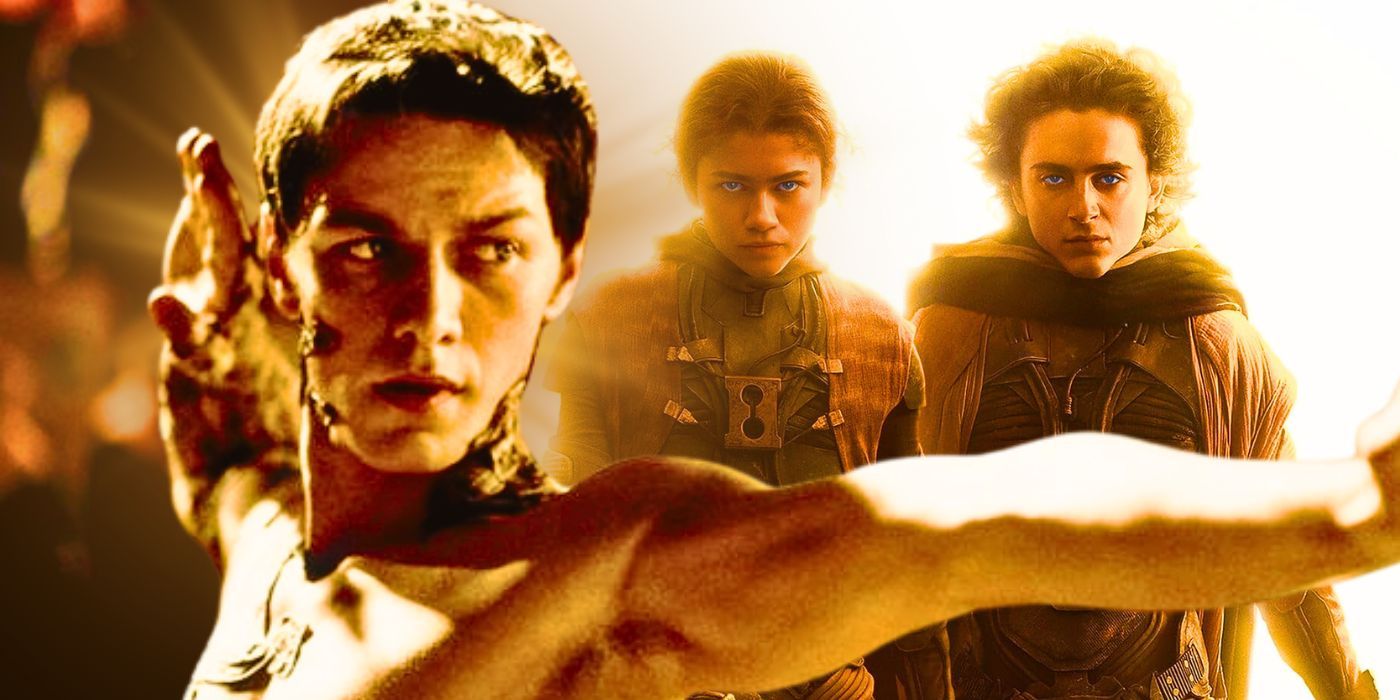 Leto II (James McAvoy) in Children of Dune and Chani (Zendaya) and Paul (Timothee Chalamet) in Dune: Part Two