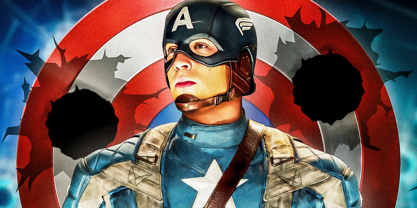 Chris Evans as Captain America atop an image of his Vibranium shield with bullet holes in it
