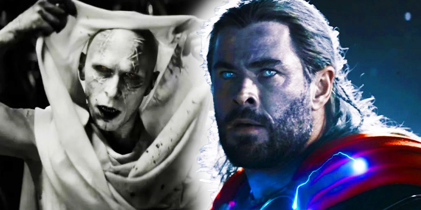 Chris Hemsworth's Thor using his power and Christian Bale's Gorr the God Butcher in his white costume in Thor Love and Thunder