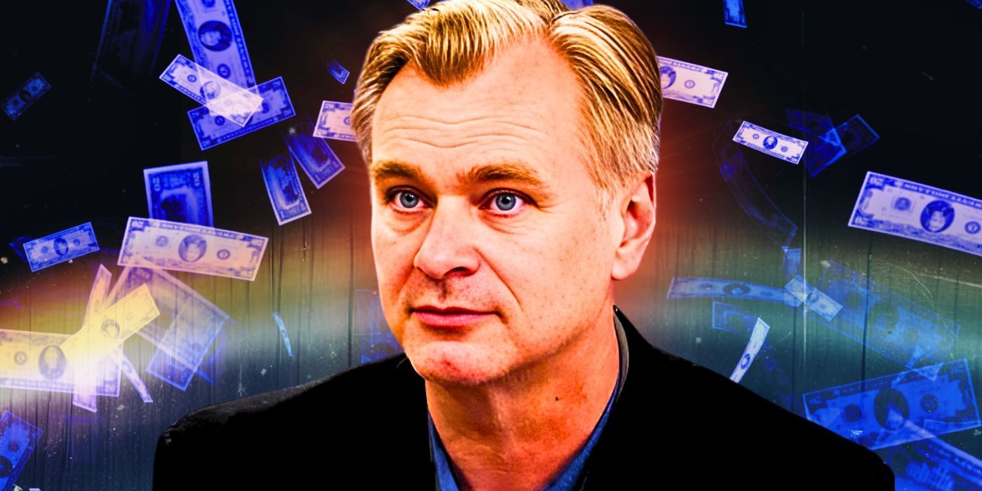 A custom image of Christopher Nolan in front of falling money.