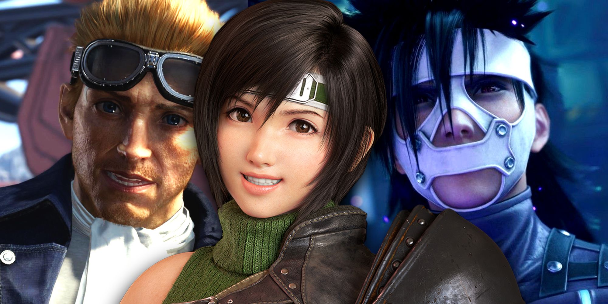 The ninja Yuffie in front of the pilot Cid Highwind and Deepground member Nero in FF7 Rebirth and Remake.