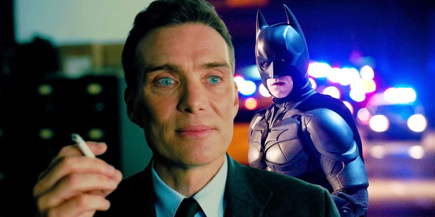 Cillian Murphy smiling as Oppenheimer juxtaposed with Christian Bale as Batman in The Dark Knight Rises