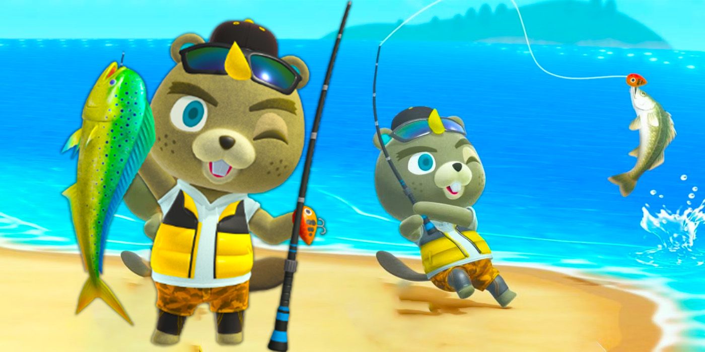 CJ do Animal Crossing segurando um peixe e piscando. O fundo é outro CJ pegando um peixe,