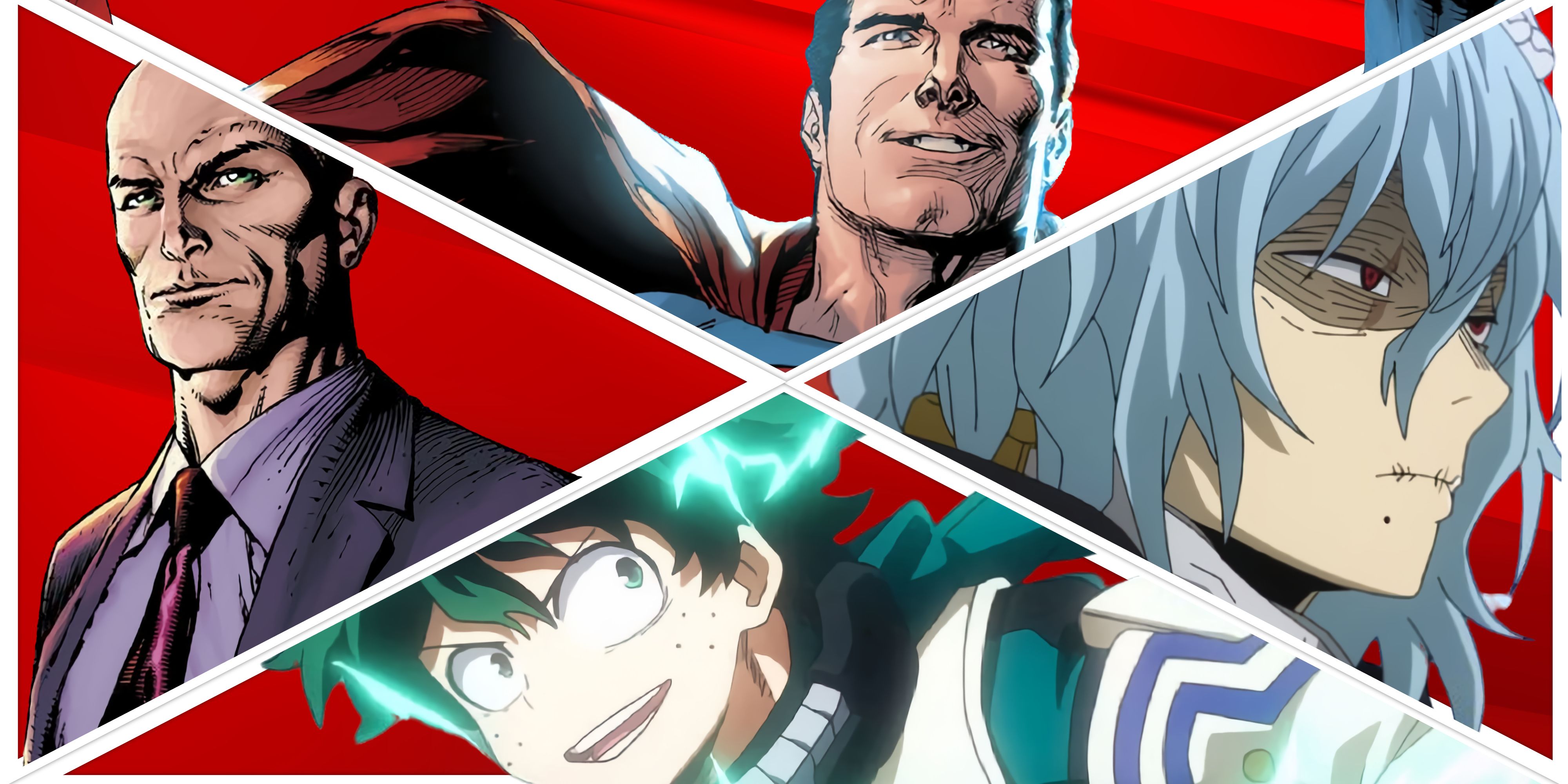 A collage of Superheroes and Villains from My Hero Academia and Superman comcis