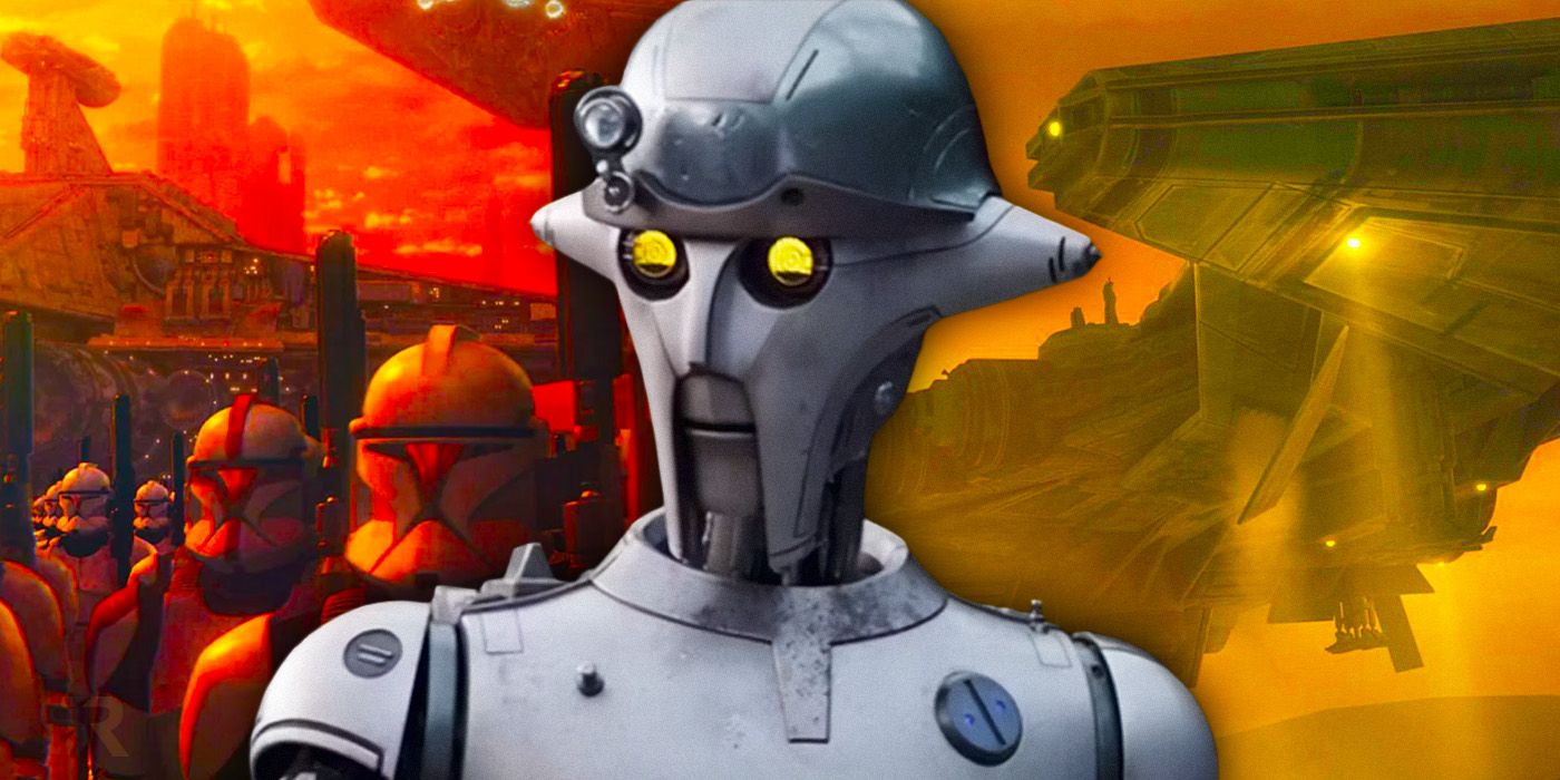 The droid Huyang edited with clones in Attack of the Clones and his ship, the Crucible