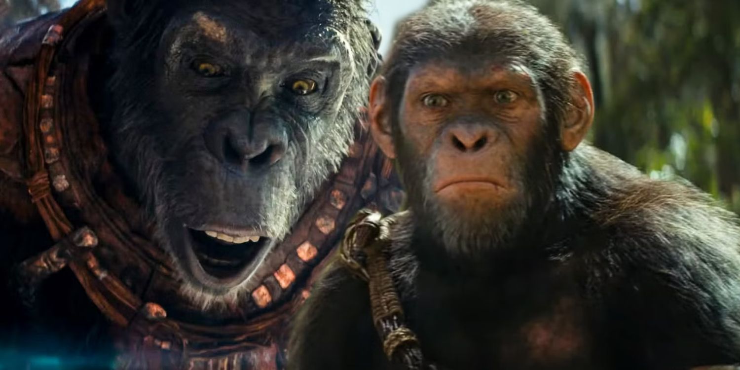 Close-up of Proximus Caesar gloating next to Noa looking angry in Kingdom of the Planet of the Apes