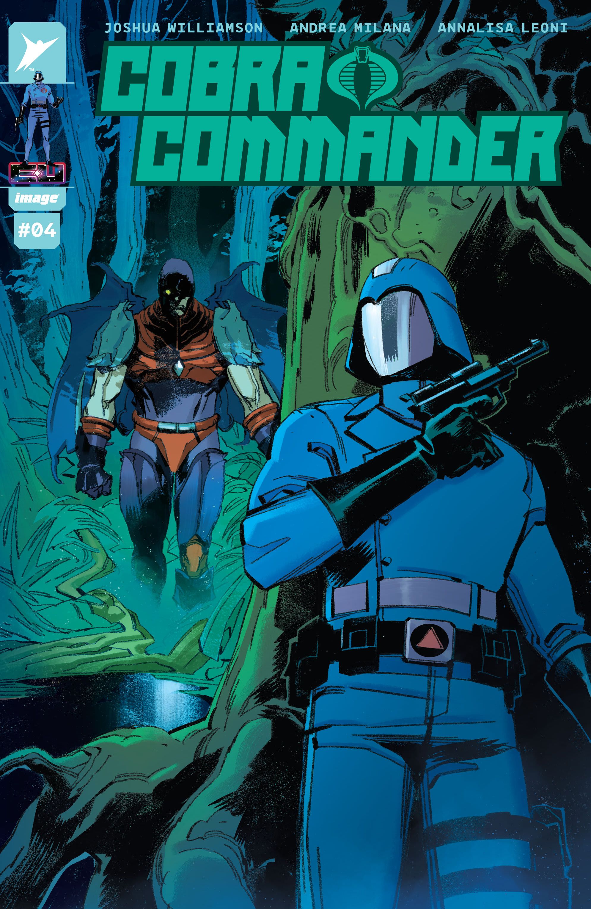 Cobra Commander #4 Cover by Andrea Milana, the Commander hiding behind a tree as the Nemesis Enforcer stalks toward him