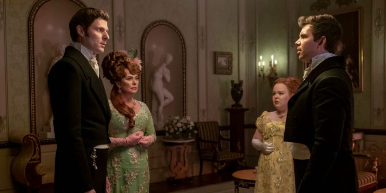 Colin (Luke Newton) confronts Portia (Polly Walker) and Jack Featherington (Rupert Young), alongside Penelope (Nicola Coughlan) in Bridgerton season 2