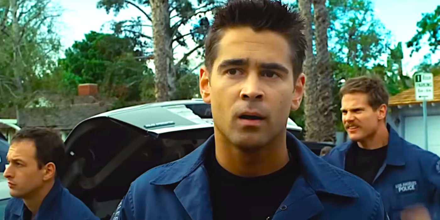 Colin Farrell making a dramatic face in a scene from SWAT