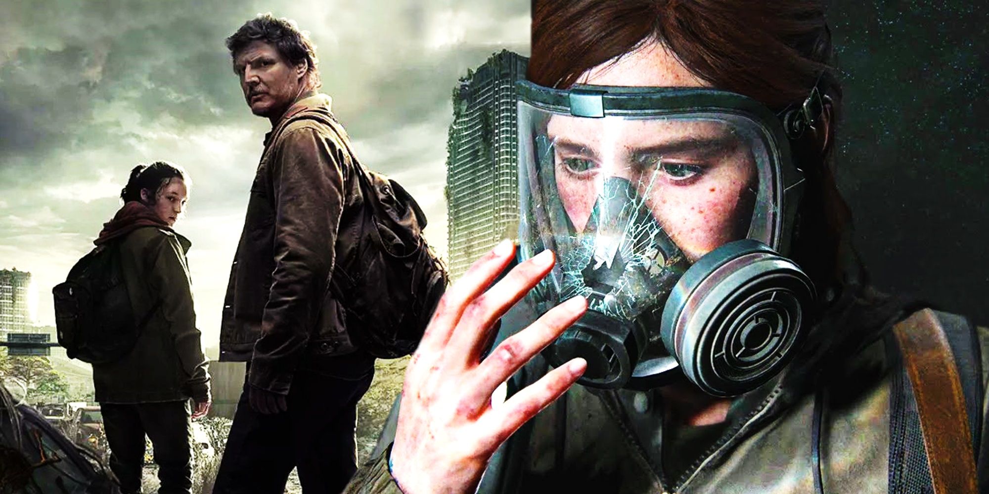 Collage of Joel and Ellie in the TV series “The Last of Us” and Ellie with a broken gas mask in “The Last of Us Part II”