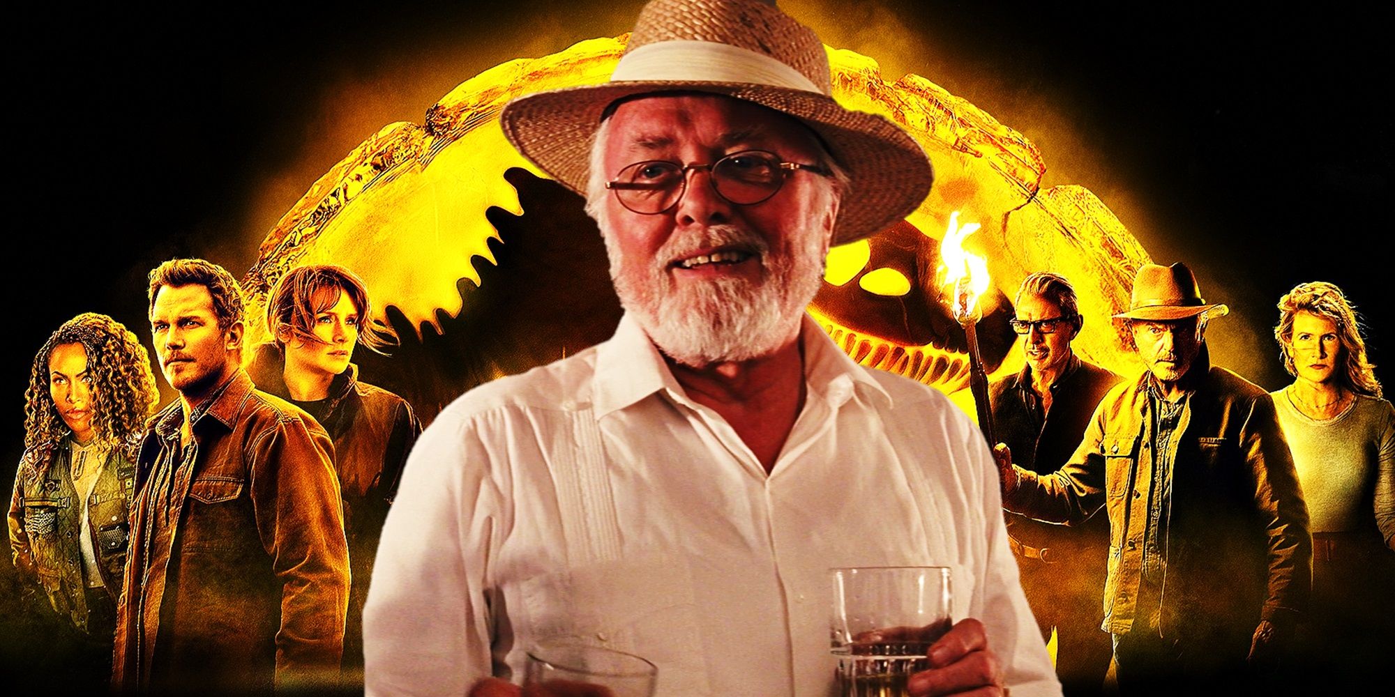 Collage of John Hammond in Jurassic Park and the poster for Jurassic World Dominion