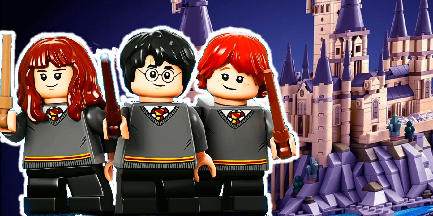 Collage of Lego Harry Potter minifigures and a castle.