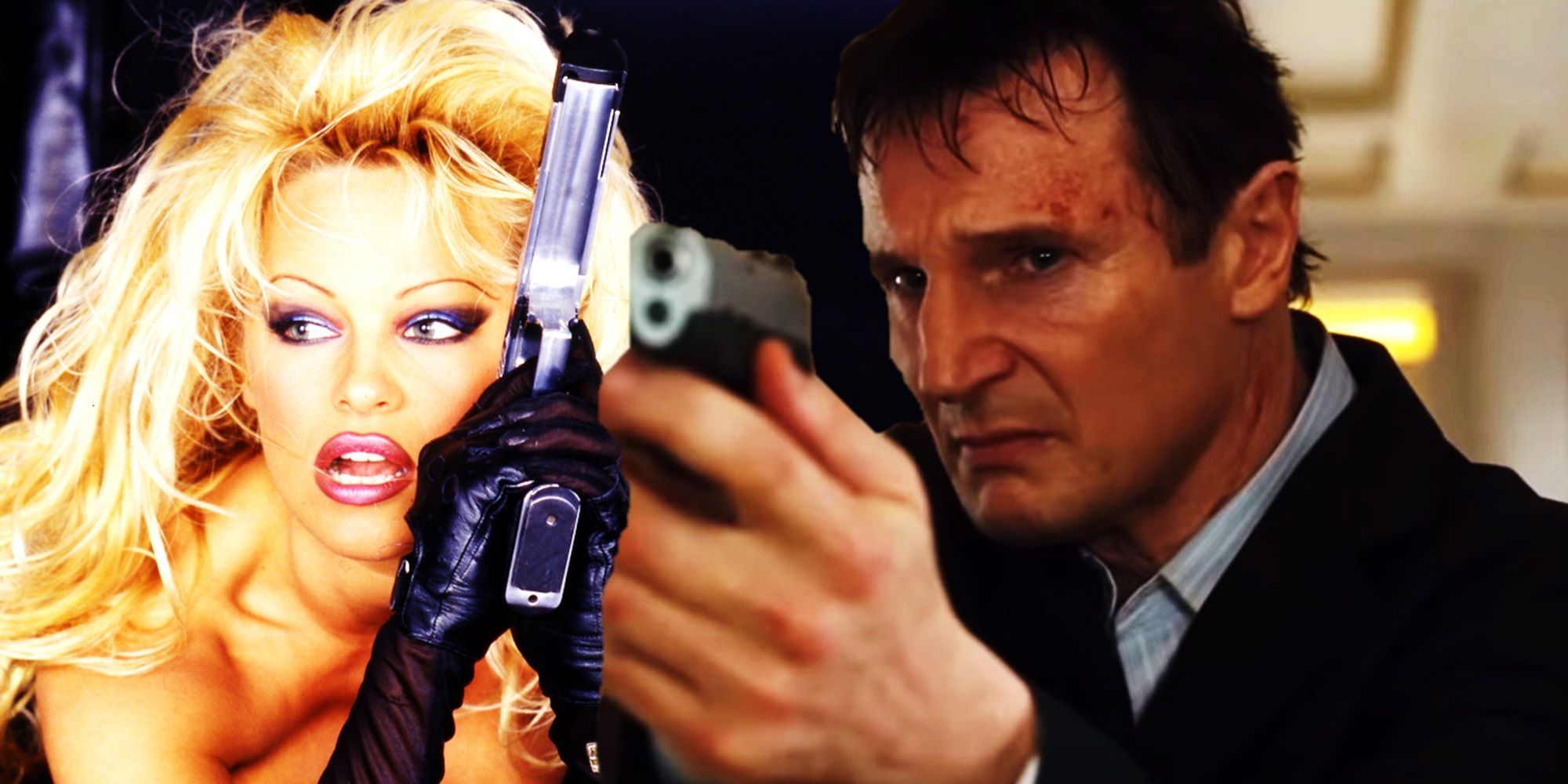 Collage of Pamela Anderson in Barb Wire and Liam Neeson in Taken