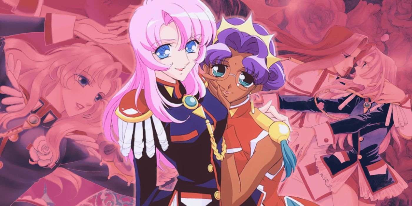 Collage style image featuring official art work from the Revolutionary Girl Utena anime series of Utena and Anthy hugging one another, as well as two illustrations from the Utena manga behind them