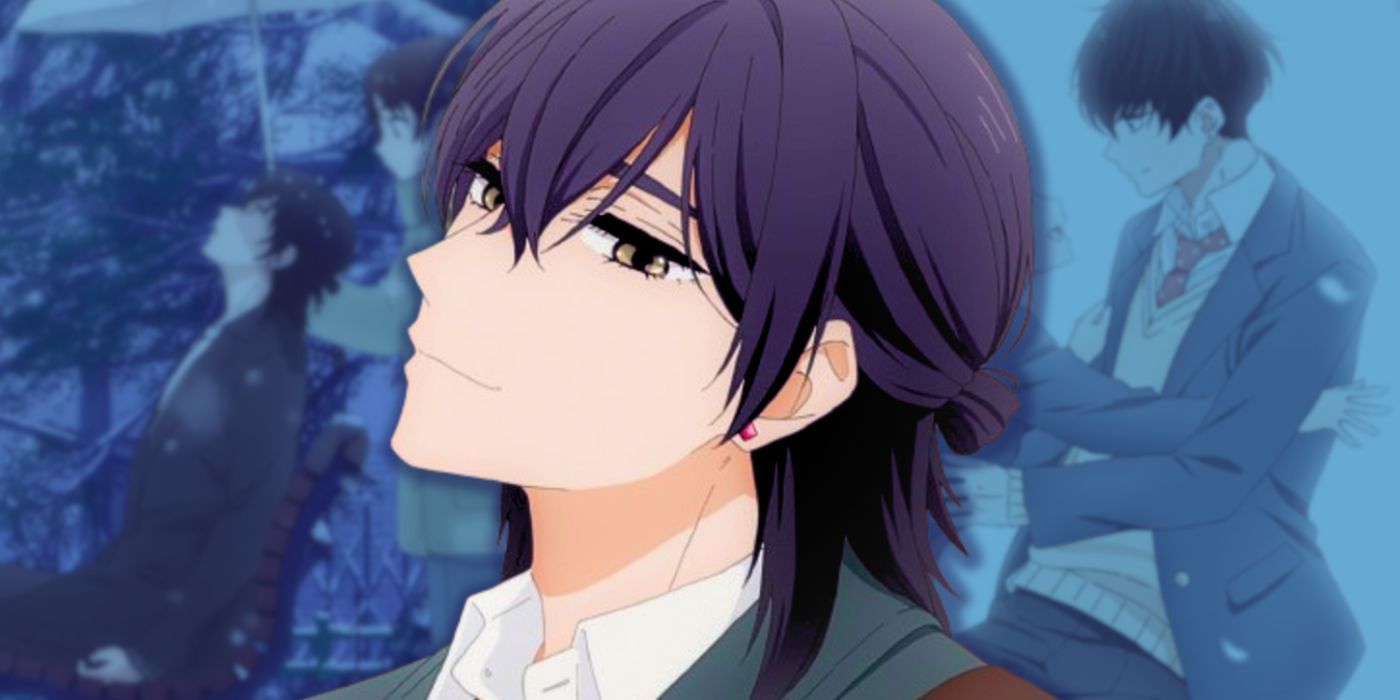 Collage style images featuring official key visuals from A Condition Called Love with official anime art of Hananoi with his head tilted in the center.
