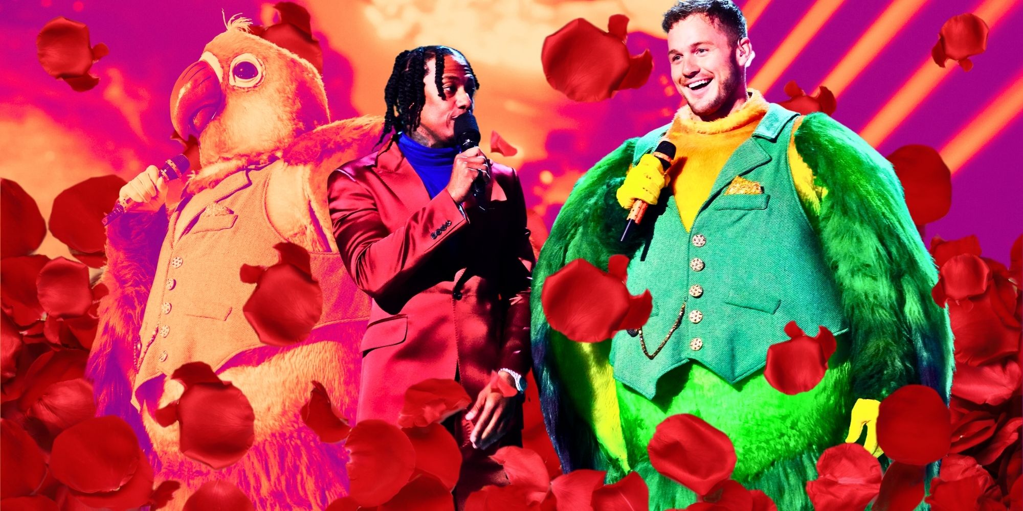 The Masked Singer's Nick Cannon and Colton Underwood wearing the Lovebird costume, surrounded by red rose petals
