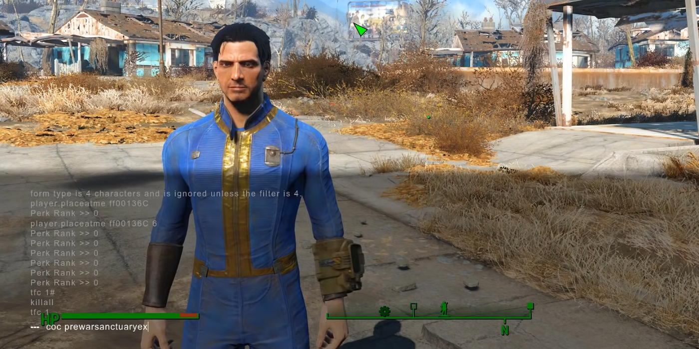 Jogador usando o menu Console Command no Fallout 4.