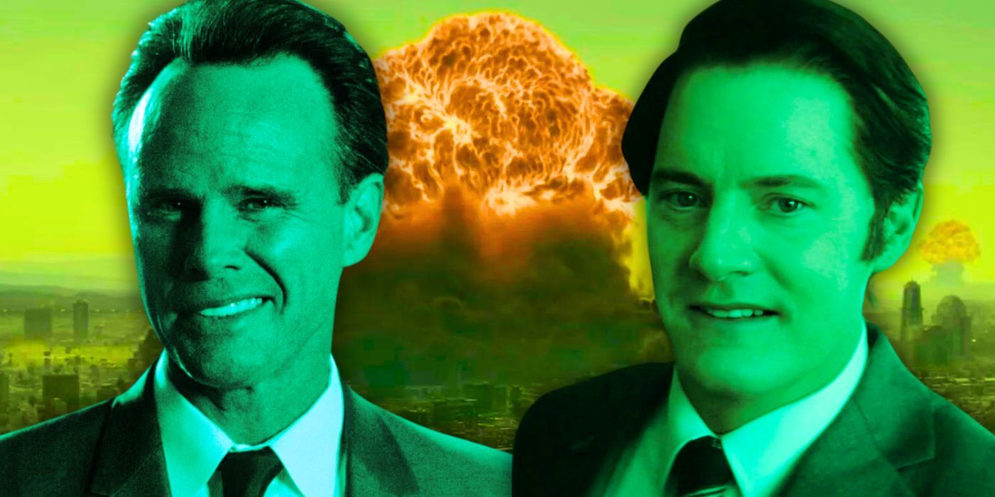 Cooper Howard (Walton Goggins) and Hank MacLean (Kyle MacLachlan) in 2077 with LA bombs behind them in Fallout