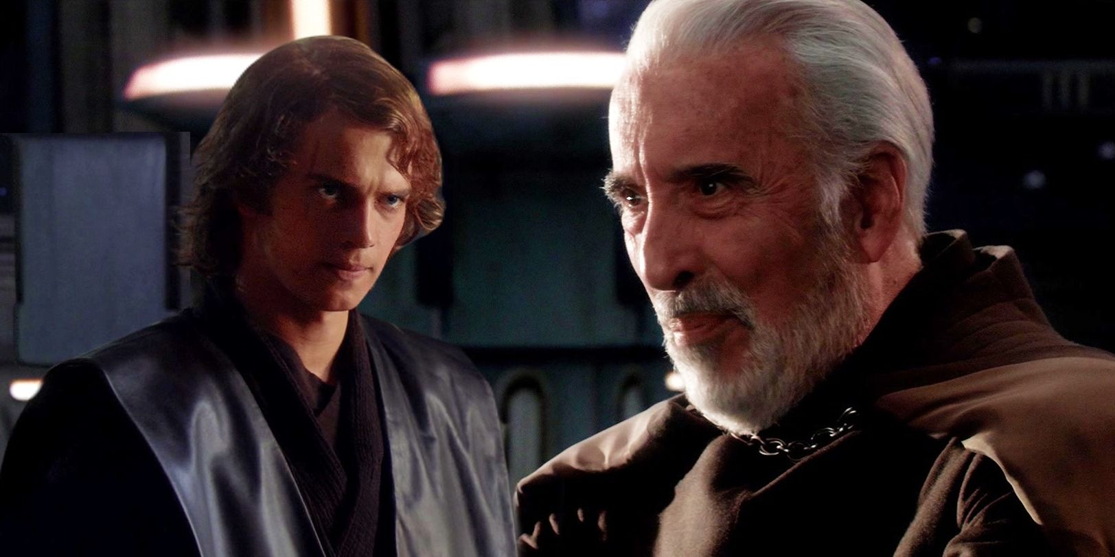 Count Dooku smirking at Anakin to the right and Anakin glaring at Dooku to the left both from Revenge of the Sith in a combined image