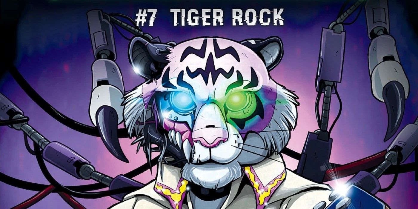 Cover de FNAF Tales from the Pizzaplex #7 Tiger Rock com um tigre branco animatrônico tocando guitarra.