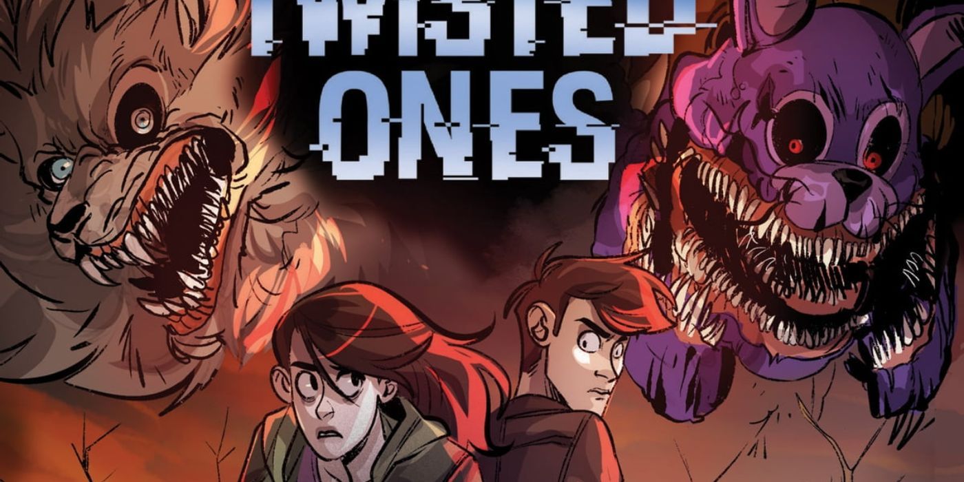 Cover of FNAF The Twisted Ones Graphic Novel with animatronics with large teeth and two characters looking frightened