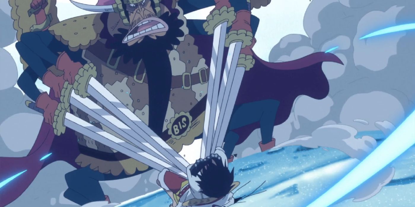 cracker in his biscuit armor in one piece pinning luffy to the floor with multiple swords to his neck