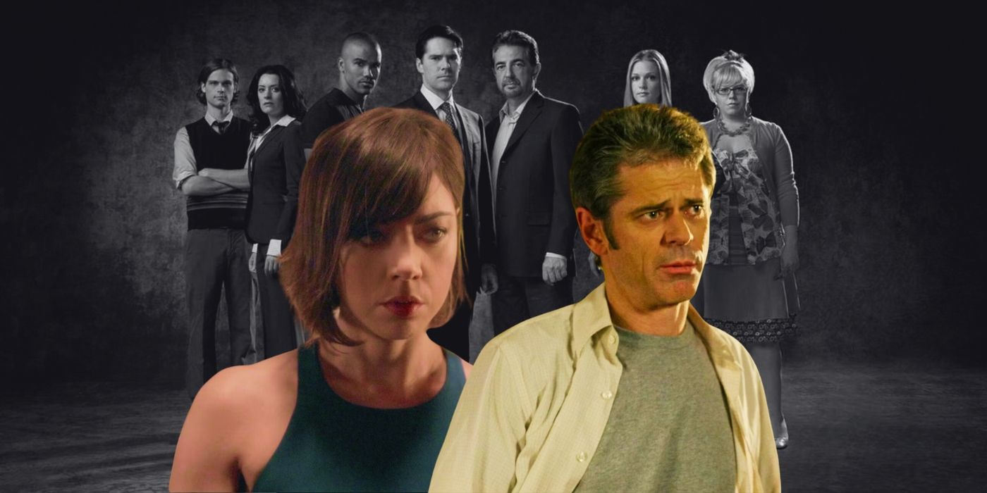 A custom image features Criminal Minds unsubs Cat Adams and George Foyett in color over a black and white image of the BAU team from season 3