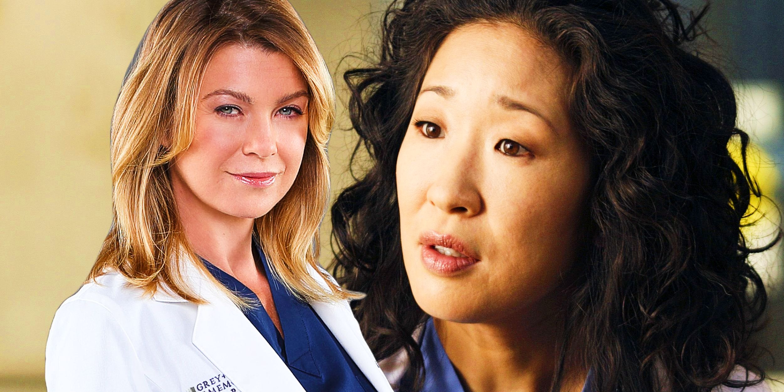 Cristina Yang (Sandra Oh) looking worried next Meredith Grey (Ellen Pompeo) wearing lab coat with slight smile in Grey's Anatomy