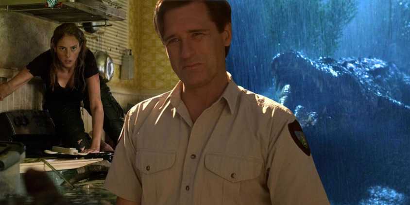 A collage of Kaya Scoledario in Crawl, Bill Pullman in Lake Placid, and the crocodile in Primeval - created by Tom Russell