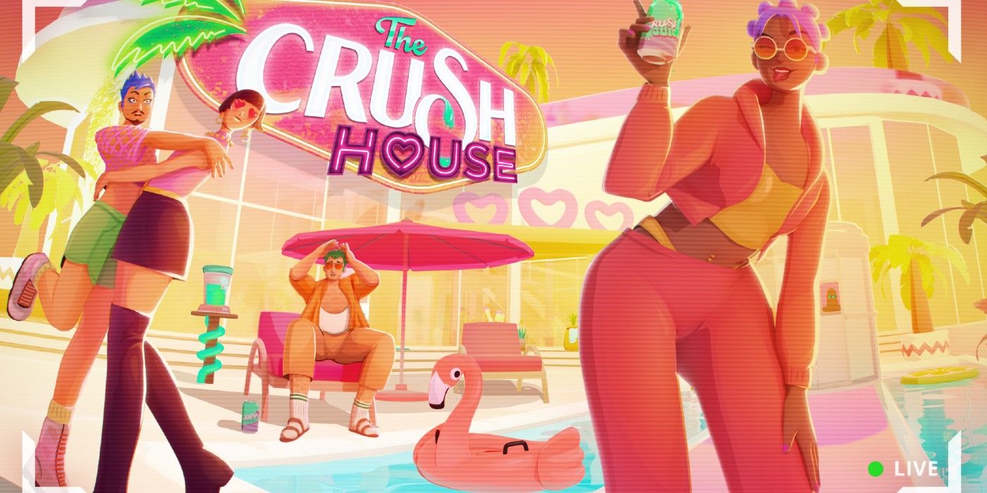 Crush House Key Art showing four people around a pool, one is posing with a drink, one is looking distressed on a chair, and a couple is embracing.