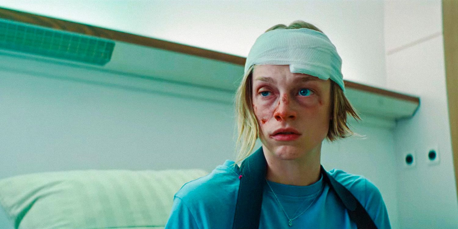 Hunter Schafer as Gretchen with a bandaged head and a bruised face in Cuckoo (2024)