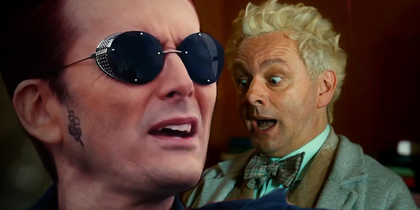 Crowley looking annoyed and Aziraphale looking shocked in Good Omens season 2