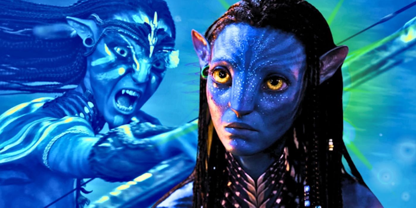Custom collage of Zoe Saldana's Neytiri wielding a bow in Avatar The Way of Water