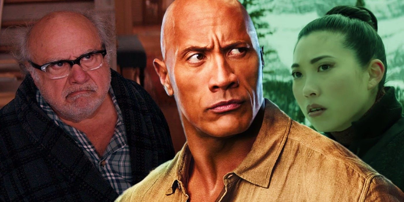 Collage of Danny DeVito, Dwayne Johnson and Awkwafina in Jumanji - The Next Level