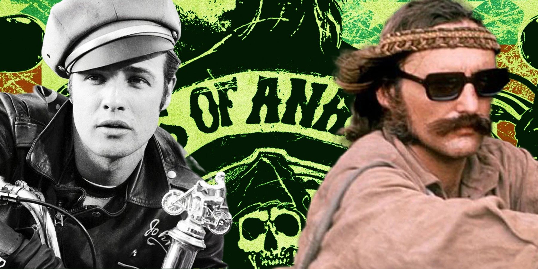 Collage of The Wild One and Easy Rider with the Sons of Anarchy logo in the background.