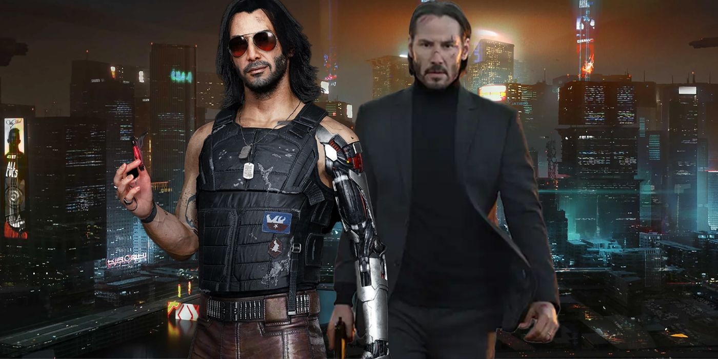 Johnny Silverhand e John Wick com Night City por trás deles