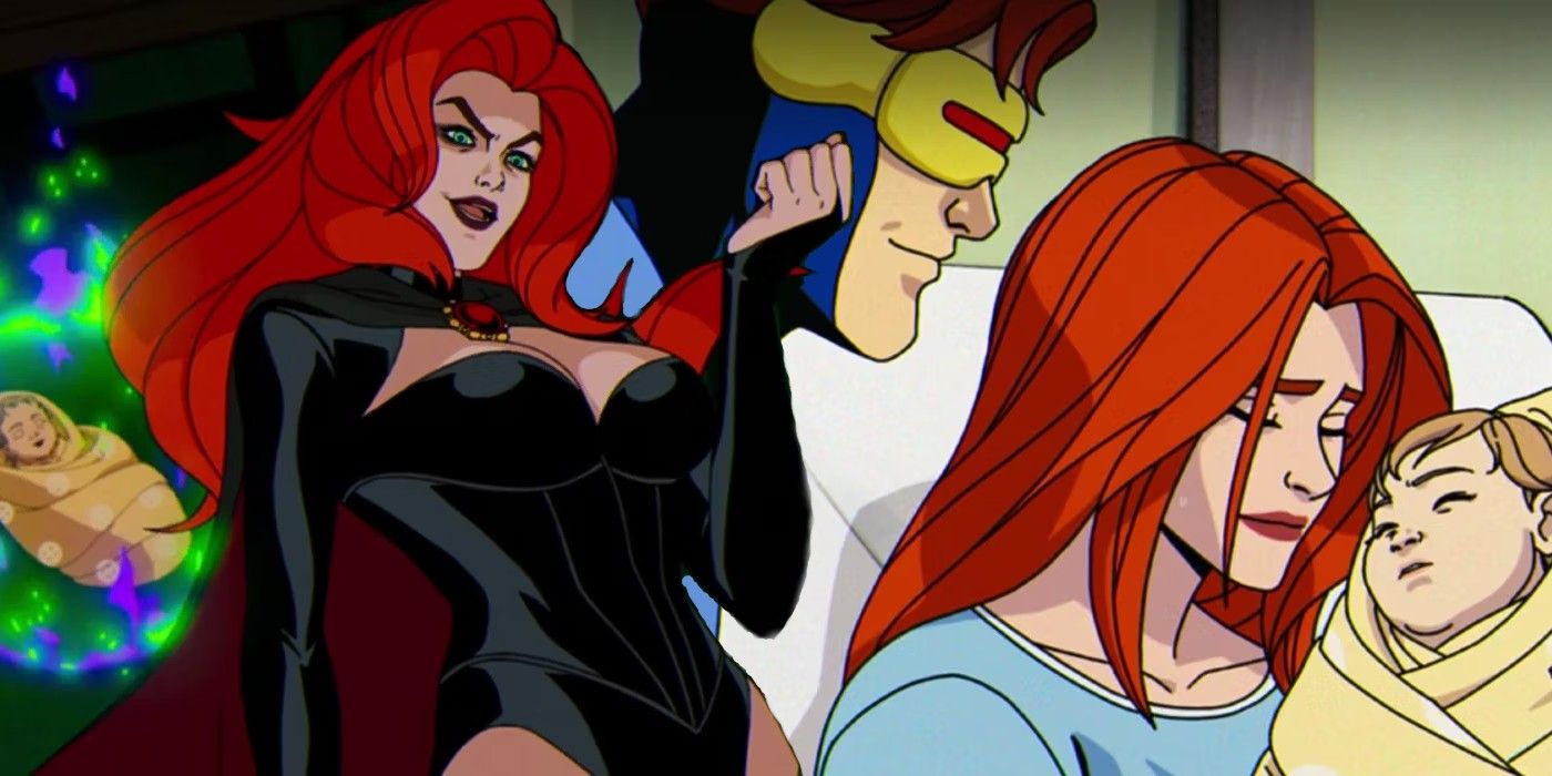 Cyclops and Madelyne holding Nathan with Goblin Queen X-Men 97