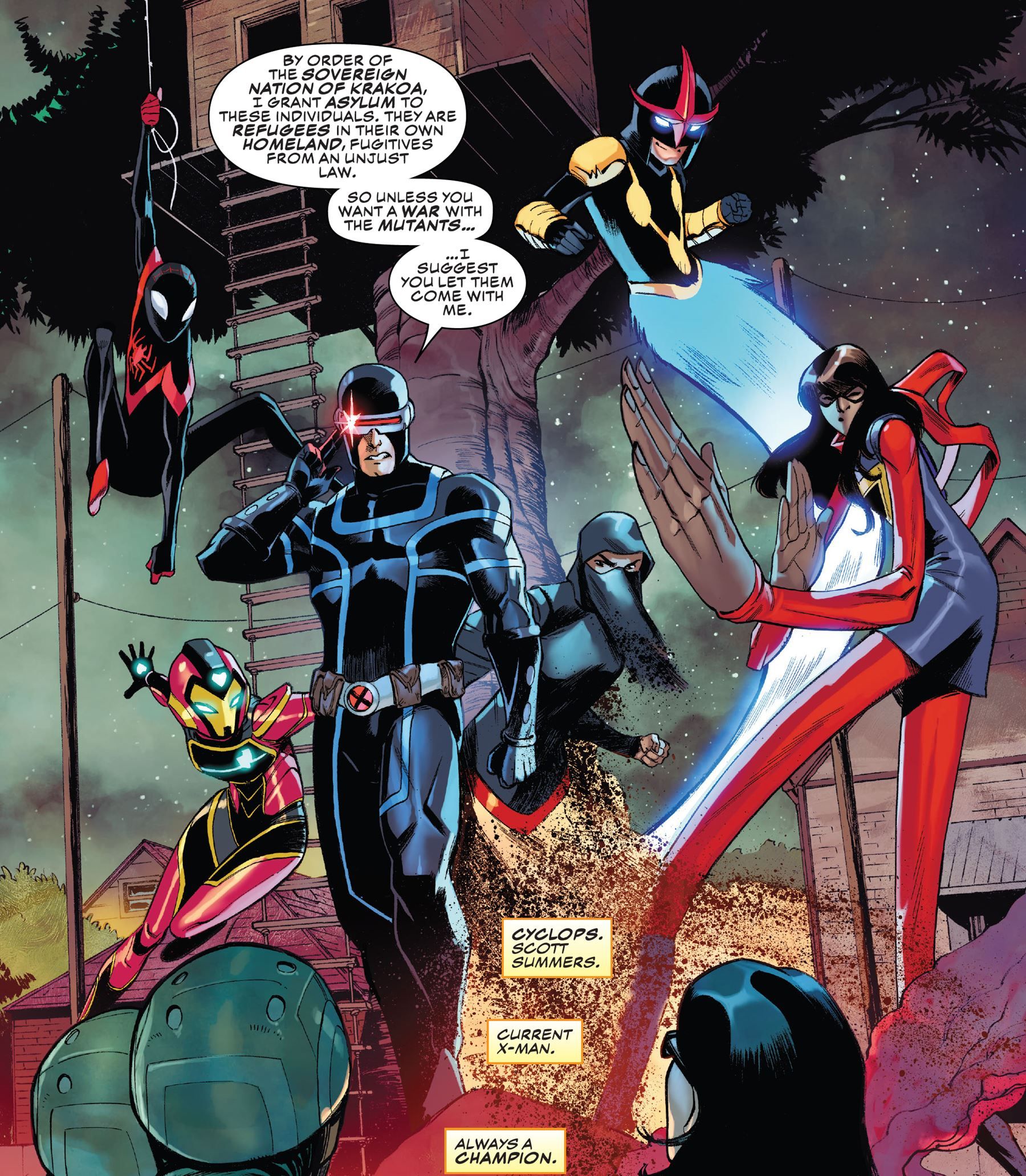 Cyclops stands in front of Ms. Marvel, Nova, Miles Morales, and Iron Heart to defend them against C.R.A.D.L.E. 