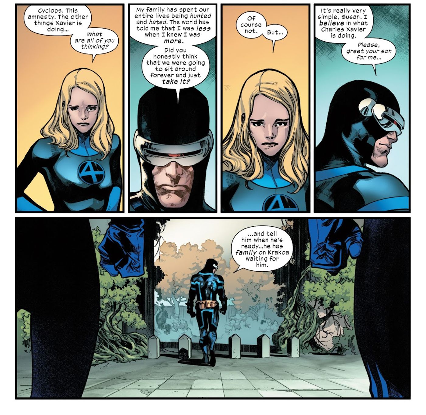Cyclops and Susan Richards converse about Krakoa and Scott tells her to extend an invitation to her son as he walks away.