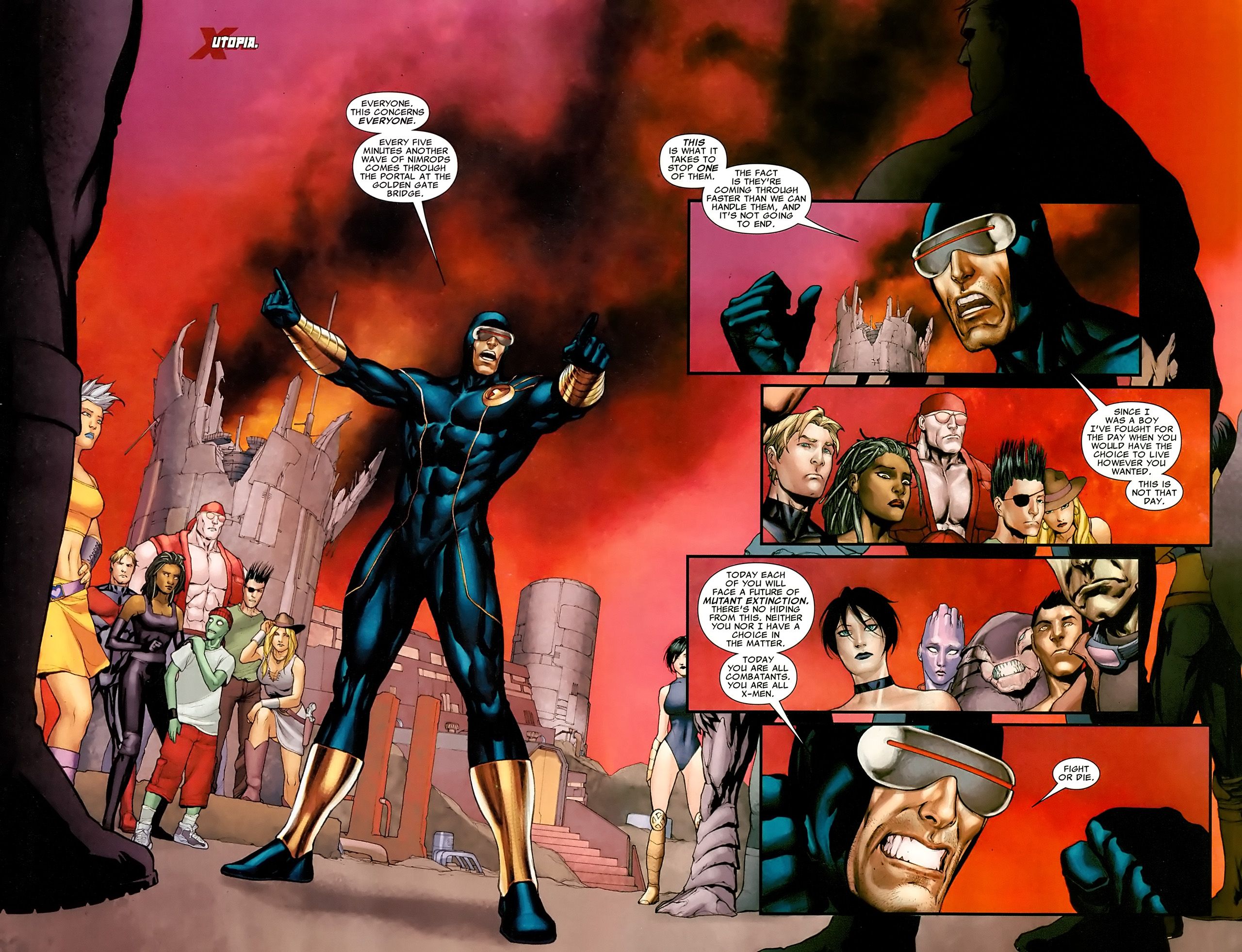 Cyclops tells the mutants on Utopia that they must fight for their lives or die to the Nimrod Sentinels. 