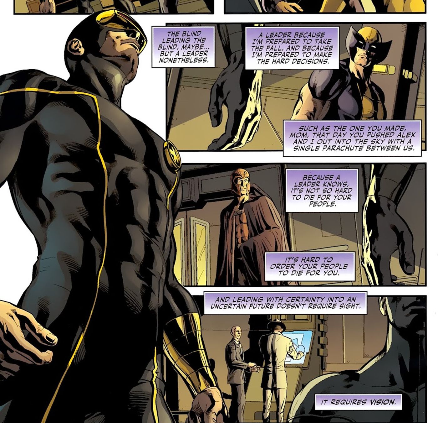 Cyclops stands before his Utopia X-Men and thinks of what it takes to be a leader. 