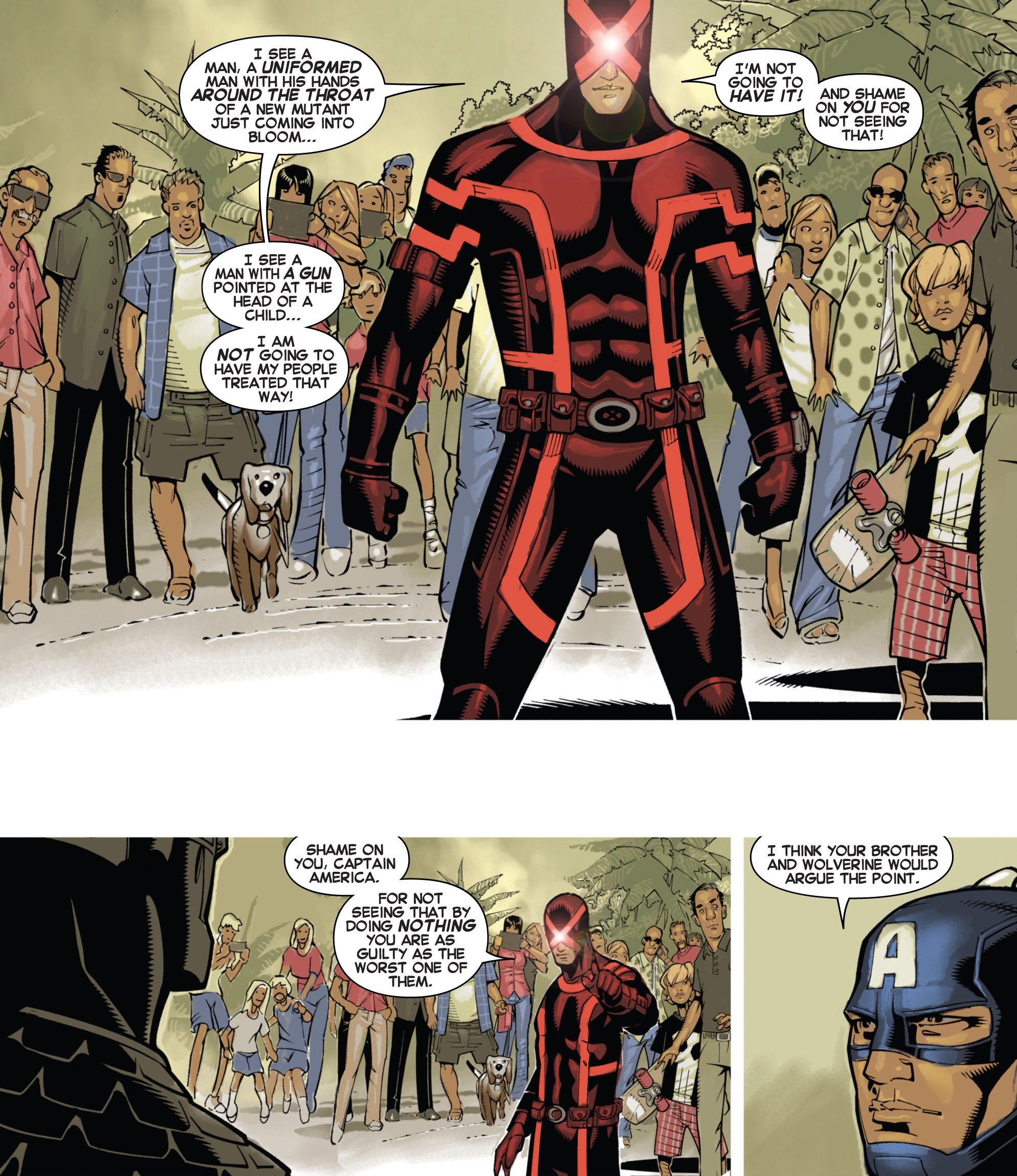 Cyclops stands up to Captain America for not supporting mutants. 