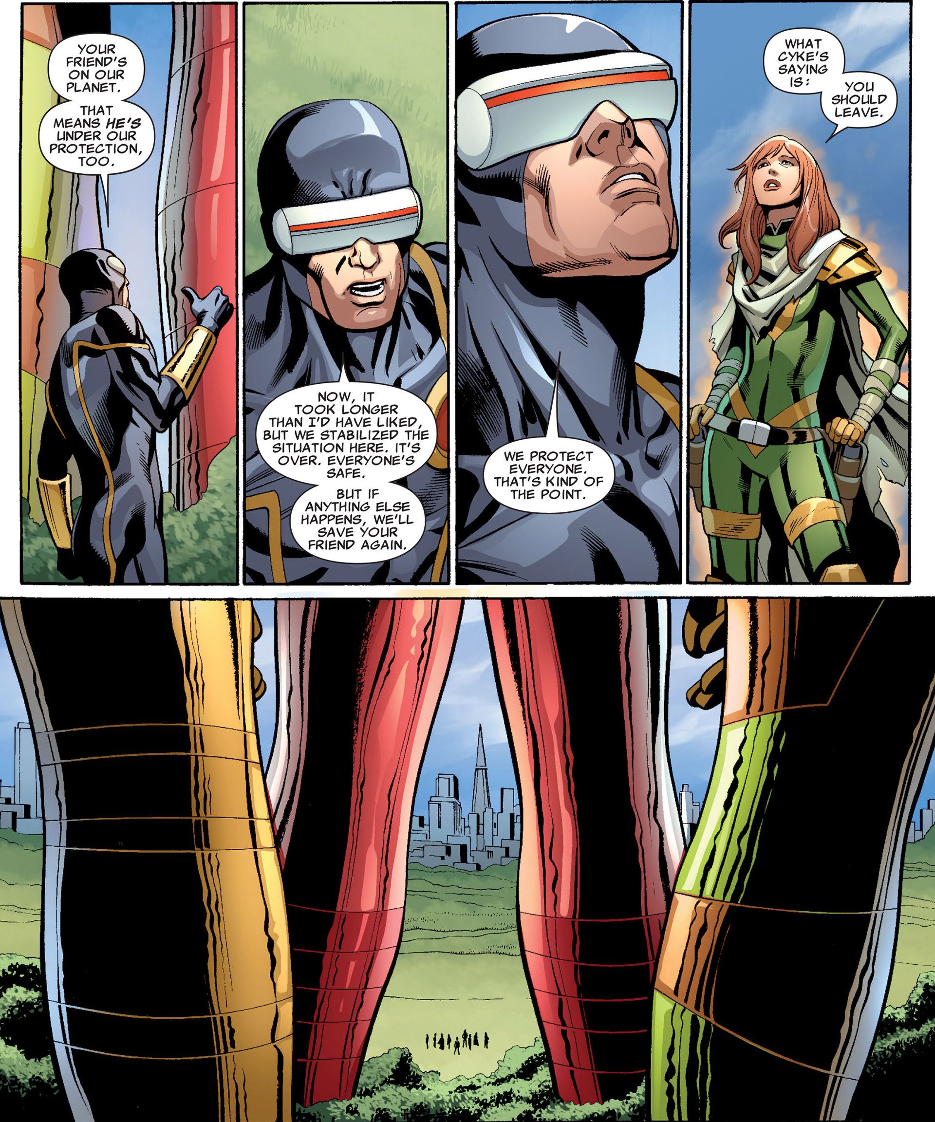 Cyclops addresses a group of Celestials as he stands beside Hope Summers. The Celestials' legs are pictured in the bottom panel. 