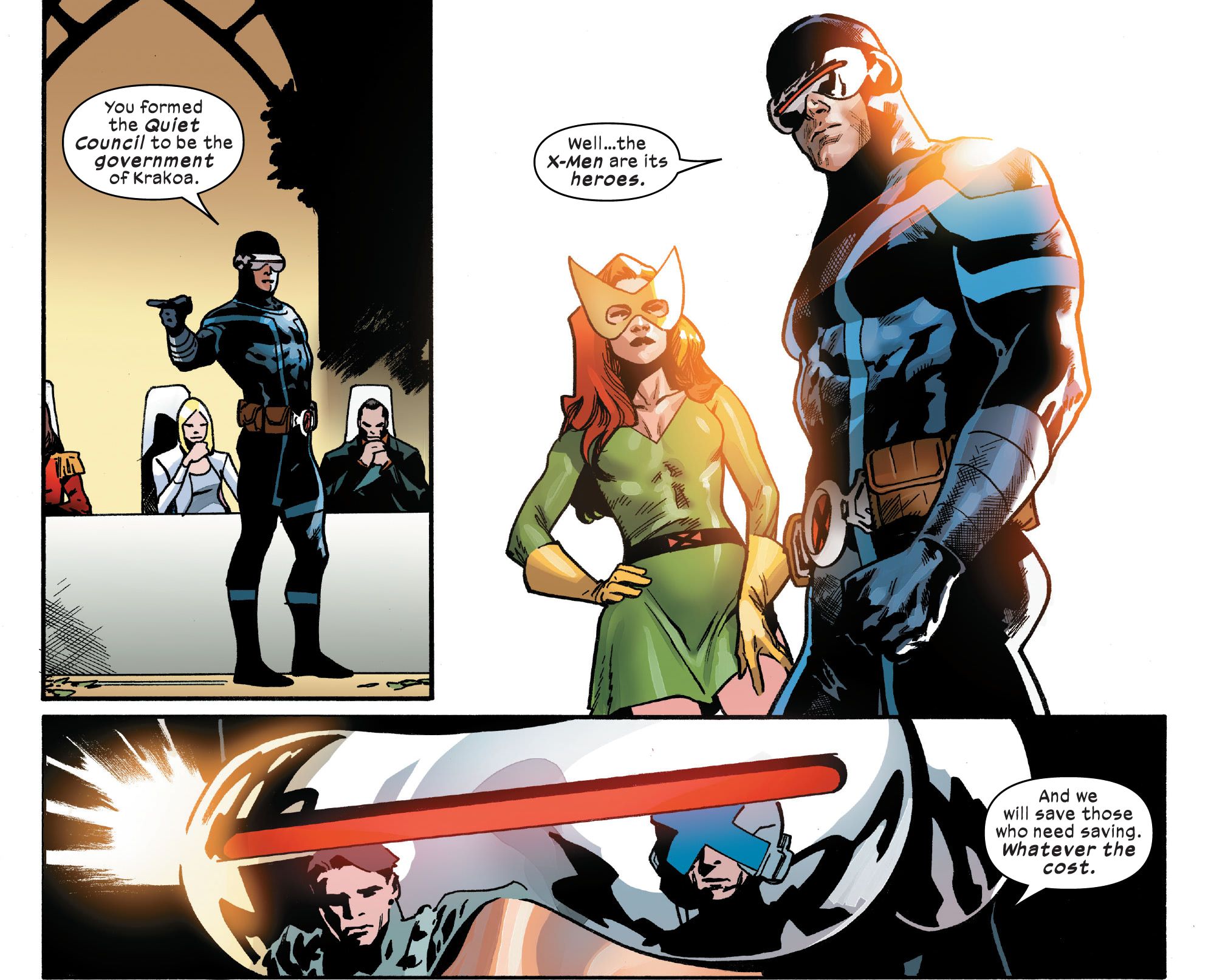 Cyclops addresses the Krakoan Quiet Council next to Jean Grey. 