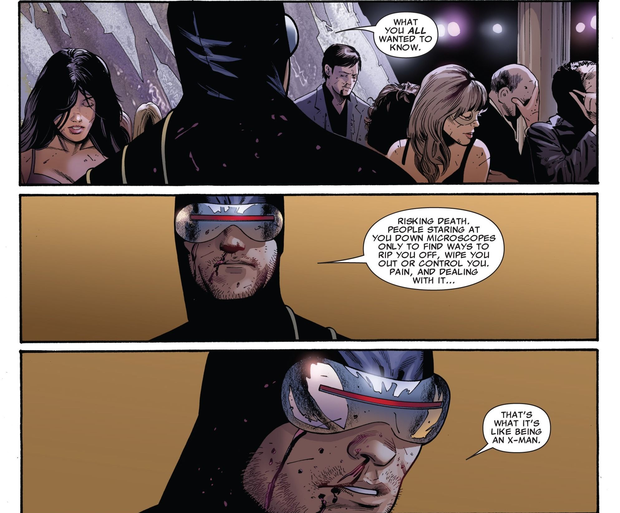 Cyclops addresses a crowd of people explaining that being an X-Man often means pain and scrutiny. 